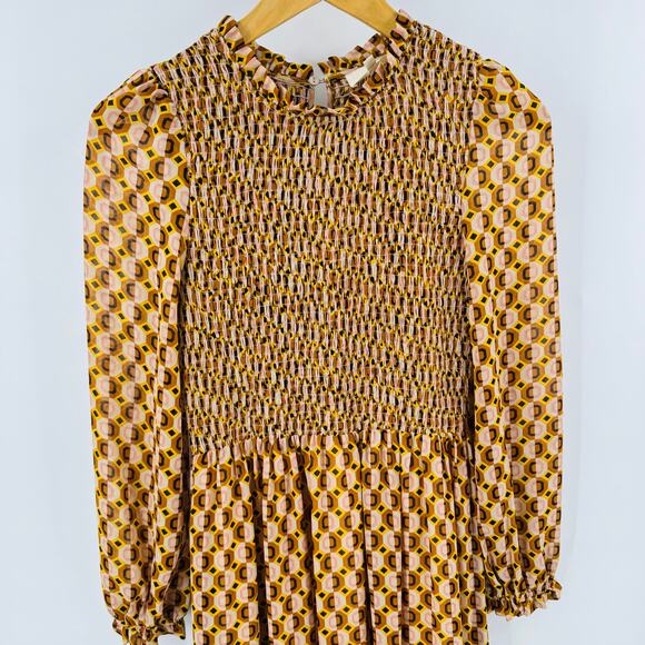 Melloday Smocked Long Sleeve Maxi Dress Retro Geometric Print Brown XS - Picture 5 of 13